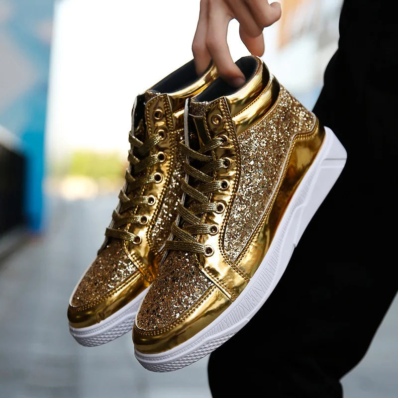 2022 Fashion Men High Top Sneakers Male Ankle Boots Gold Luxury Glitter Shoes Streetwear Hip Hop Casual Boots Chaussures Spring