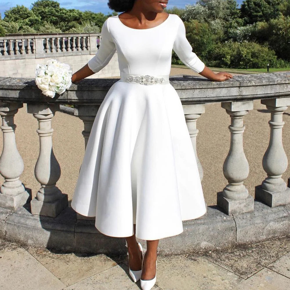 Elegant Party Dress for Woman 2024 Modern O Neck Three Quarter Sleeve High Waisted A Line Mid Calf Birthday Dinner Wedding Cloth