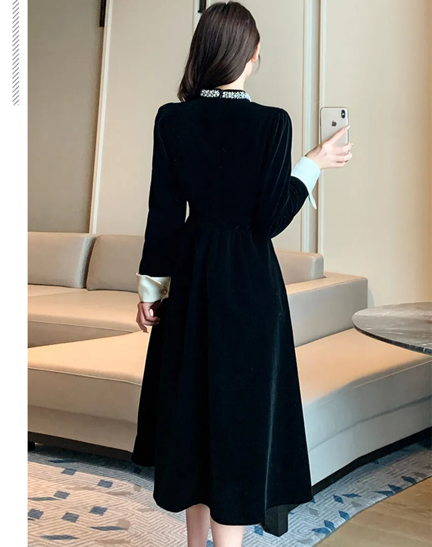 New 2024 Elegant Autumn Winter Velvet Evenign Party Dress French Women Diamonds Half High Collar Slim Waist Black Midi Vestidos