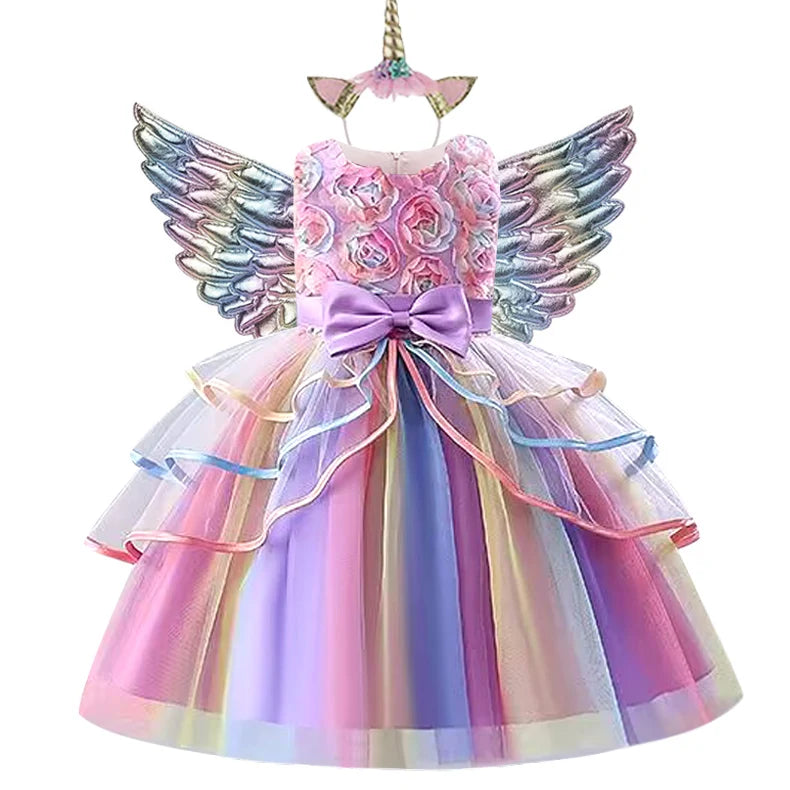 New 3pcs Baby Girls Dress Pastel Rainbow Princess For Summer Birthday Party Dress Unicorn Cosplay Perform Children Costume