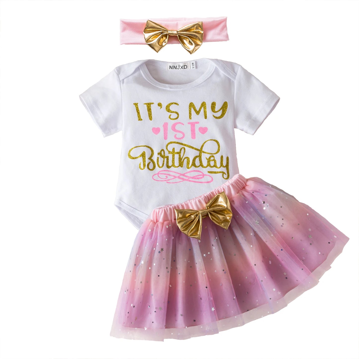 1st Birthday Print Shirt Tutu Skirt Outfit Short Sleeve Romper Pettiskirt Girls 3Pcs Clothes Sets Baby Girl Birthday Party Dress