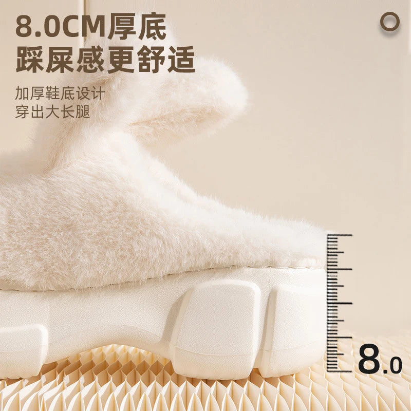 8 cm High platform fur slippers women's winter fluffy ear home shoes woman white bunny rabbit slippers woman house clog shoes