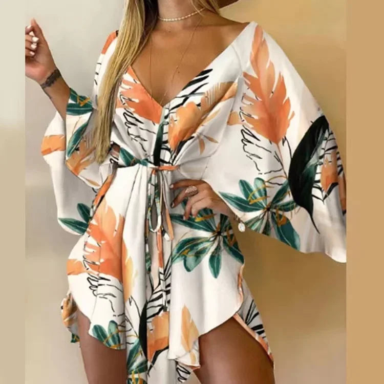 2024 New Summer Beach Elegant Women Dresses Sexy V Neck Lace-up Floral Print Mini Dress Casual Flared Sleeves Ladies Party Dress