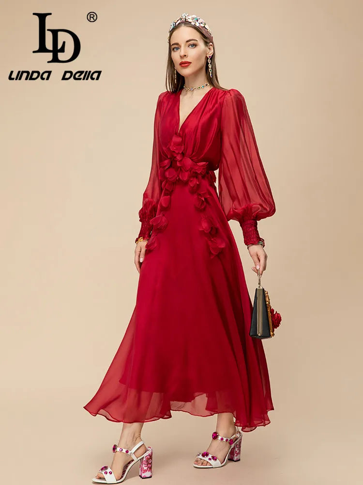 LD LINDA DELLA 2023 Summer Runway Elegant Party Dress Women's Red V-Neck High Waist Applique Chiffon Slim Fit Long Dress