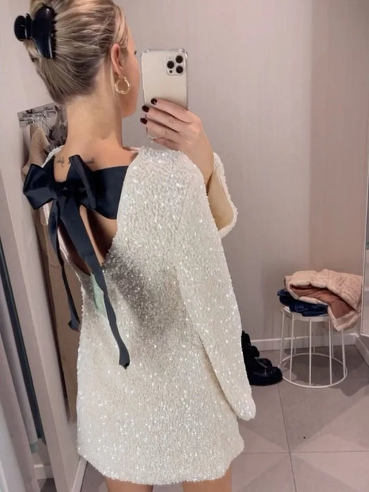 Fashion Solid Sequin Dress For Women Elegant Female Round Neck Bow Mini Party Dress  2023 New Chic Long Sleeves Christmas Dress