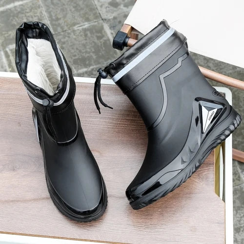 High-end Rain Boots for Men, New Drawstring Waterproof Shoes, Mid-length Anti-slip Rain Boots, Plus Fleece Rubber Boots for Work