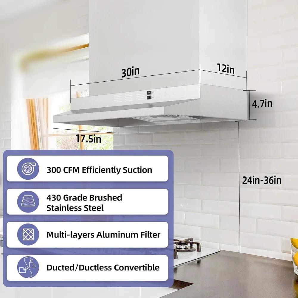 30 inch Range Hood Under Cabinet, Ducted/Ductless Convertible Stainless Steel Kitchen Range Hood