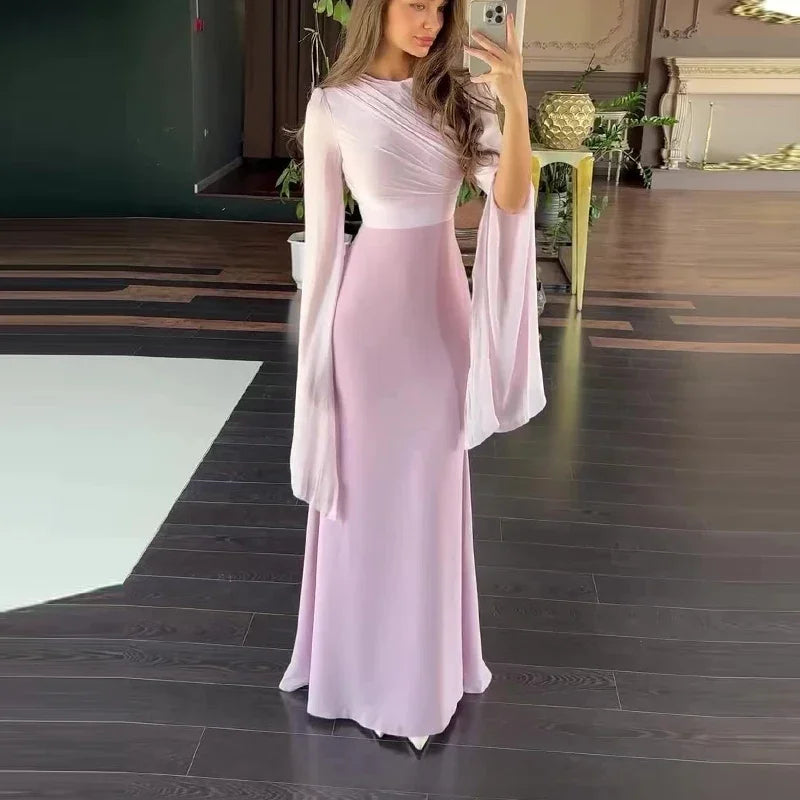 Elegant  Satin Dresses for Women Spring O Neck Solid Tunic Slim Bodycon Long Party Dress New Autumn Batwing Sleeve Evening Dress