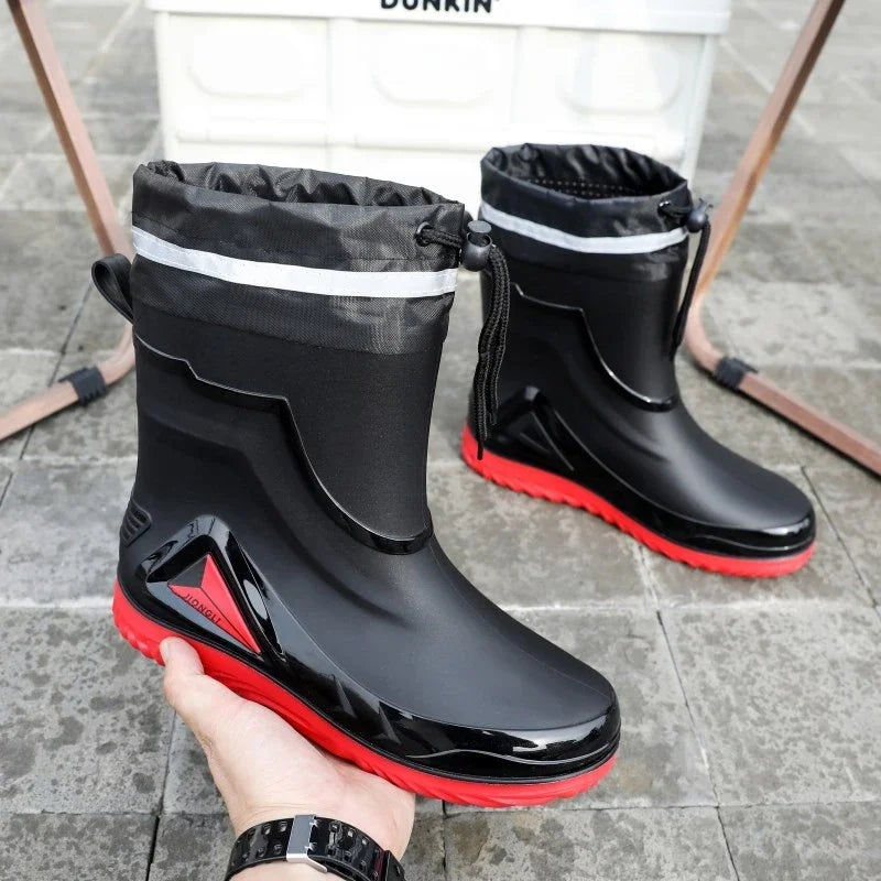 High-end Rain Boots for Men, New Drawstring Waterproof Shoes, Mid-length Anti-slip Rain Boots, Plus Fleece Rubber Boots for Work