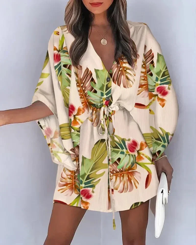 2023 Summer New Women's Casual Bohemia Beach Vacation Miniskirt Printed Bat Sleeve Lace up V-Neck Loose Button Party Dress