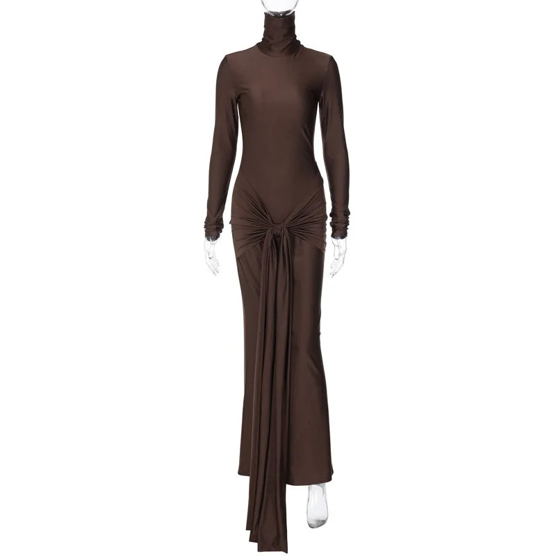 Fahion Evening Dress Bandage Stand Collar Long Sleeve Bodycon Solid Vintage Autumn Elegant Long Dress Y2K Streetwear Party Dress