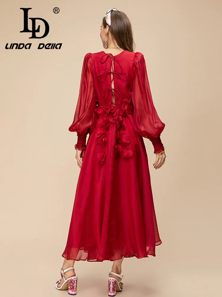 LD LINDA DELLA 2023 Summer Runway Elegant Party Dress Women's Red V-Neck High Waist Applique Chiffon Slim Fit Long Dress