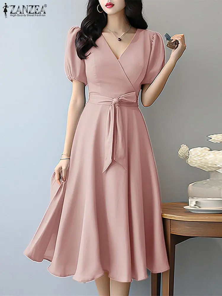 Women Elegant Party Dress ZANZEA Summer V Neck Short Sleeve Midi Sundress Solid OL Work Robe Fashion A Line Loose Vestidos 2024