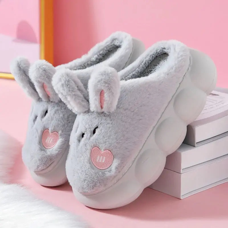 8 cm High platform fur slippers women's winter fluffy ear home shoes woman white bunny rabbit slippers woman house clog shoes